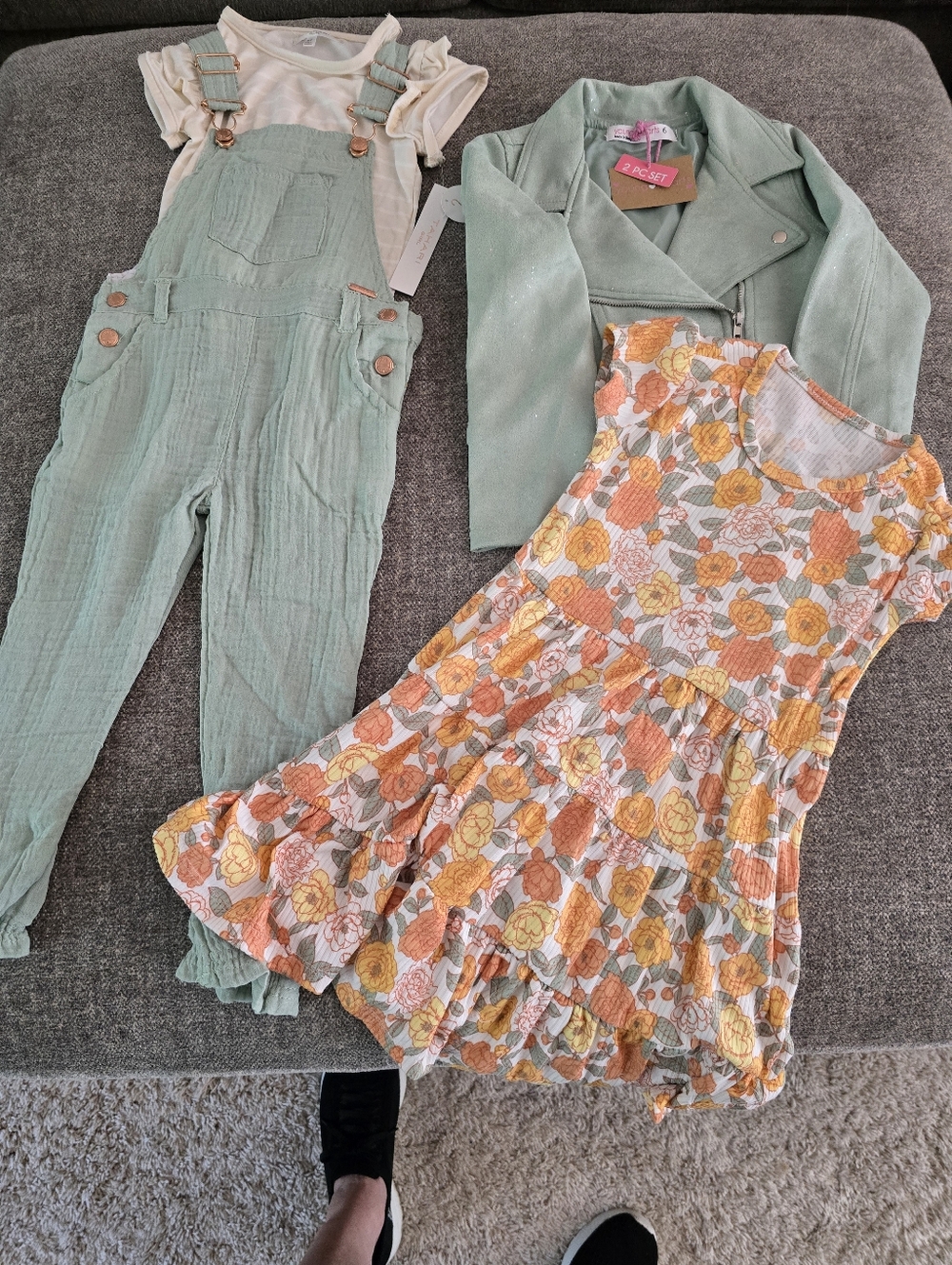 Girls Mint Green Overalls, Floral Dress & Jacket Set